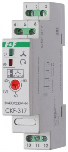 Реле контроля наличия и чередования фаз CKF-317 (монтаж на DIN-рейке 35мм; регулировка порога отключения; 3х400/230+N 8А 1P IP20) F&F EA04.002.006
