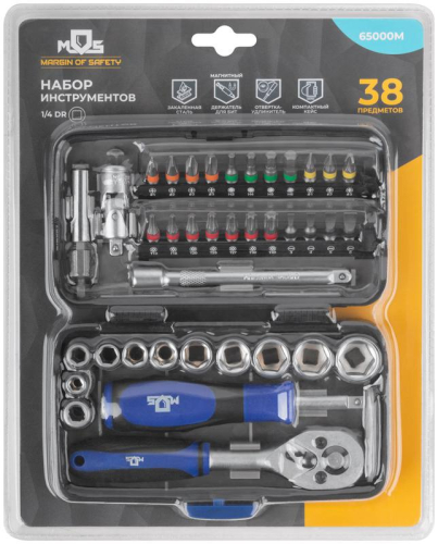 Мини-набор инструмента (биты; головки; вороток; удлинитель) 38шт пластиковый кейс MOS 65000М фото 4