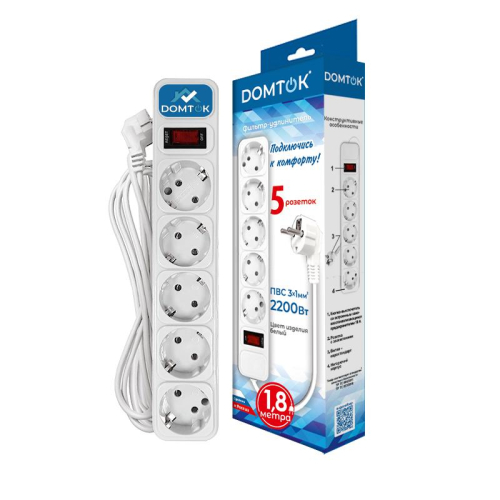 Удлинитель с сетевым фильтром 5х1.8м с заземл 10А IP20 2.2кВт ПВС 3х1 с выкл. бел. DOMTOK 2527 фото 2 Удлинитель с сетевым фильтром 5х1.8м с заземл 10А IP20 2.2кВт ПВС 3х1 с выкл. бел. DOMTOK 2527 фото 2