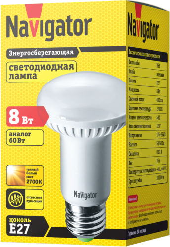 Лампа светодиодная 94 260 NLL-R63-8-230-2.7K-E27 8Вт 2700К тепл. бел. E27 600лм 176-264В Navigator 94260 фото 2 Лампа светодиодная 94 260 NLL-R63-8-230-2.7K-E27 8Вт 2700К тепл. бел. E27 600лм 176-264В Navigator 94260 фото 2