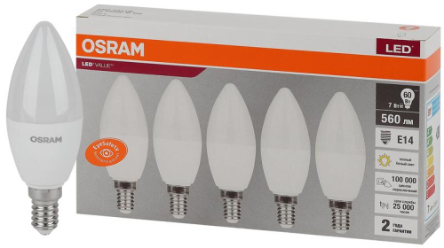 Лампа светодиодная LED Value LVCLB60 7SW/830 7Вт свеча матовая E14 230В 2х5 RU (уп.5шт) OSRAM 4058075577923 Лампа светодиодная LED Value LVCLB60 7SW/830 7Вт свеча матовая E14 230В 2х5 RU (уп.5шт) OSRAM 4058075577923