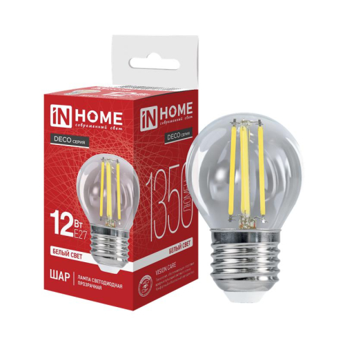 Лампа светодиодная LED-ШАР-deco 12Вт 230В E27 4000К 1350лм прозрачная IN HOME 4690612053691 Лампа светодиодная LED-ШАР-deco 12Вт 230В E27 4000К 1350лм прозрачная IN HOME 4690612053691
