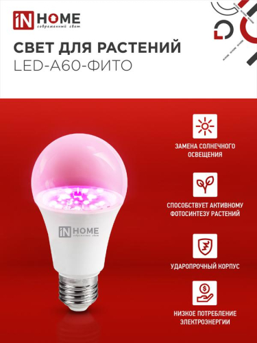 Лампа светодиодная LED-A60-FITO 15Вт A60 грушевидная E27 230В для растений IN HOME 4690612036502 фото 3 Лампа светодиодная LED-A60-FITO 15Вт A60 грушевидная E27 230В для растений IN HOME 4690612036502 фото 3