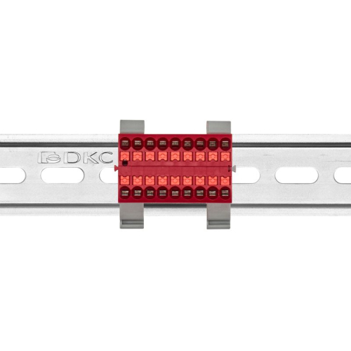 Блок распределительный с горизонт. адаптером на рейку шир. 35мм зажим push-in 18 точек подключения 2.5кв.мм красн. DKC DTP1-018-04SPUR-H фото 2