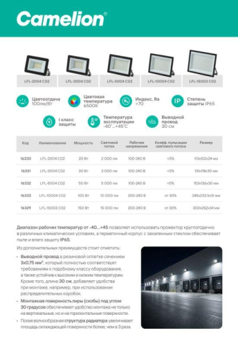 Прожектор светодиодный LFL-15003 C02 LED SMD 150Вт IP65 6500К 15000лм 230В 300х252х34 черн. Camelion 16329 фото 9 Прожектор светодиодный LFL-15003 C02 LED SMD 150Вт IP65 6500К 15000лм 230В 300х252х34 черн. Camelion 16329 фото 9