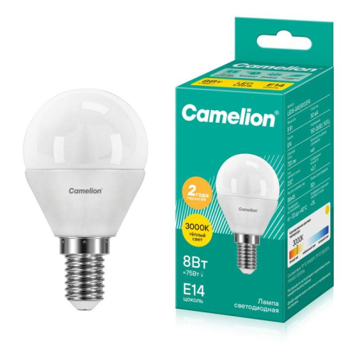 Лампа светодиодная LED8-G45/830/E14 8Вт шар 3000К тепл. бел. E14 720лм 220В Camelion 12391 Лампа светодиодная LED8-G45/830/E14 8Вт шар 3000К тепл. бел. E14 720лм 220В Camelion 12391
