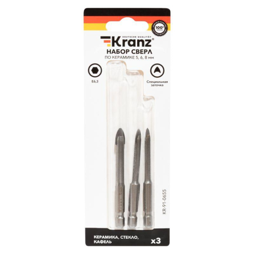 Набор сверл по керамической плитке 5-6-8мм шестигранный хвостовик Kranz KR-91-0655 фото 6 Набор сверл по керамической плитке 5-6-8мм шестигранный хвостовик Kranz KR-91-0655 фото 6