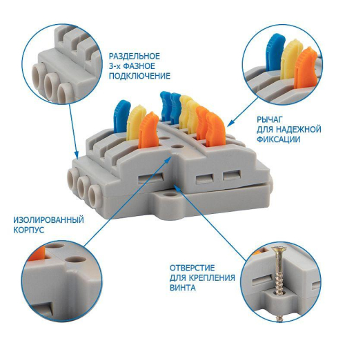 Клемма строительно-монтажная СМК проходная разветвительная 3х2 3п с монтажной площадкой 1 ввод 2 вывода на полюс (уп.5шт) Rexant 07-5233-05 фото 7