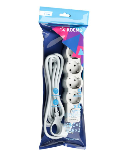 Удлинитель 4х5м с заземл. 10А IP20 USB type-Aх2 + type-C 2500Вт 220В ПВС 3х1 с выкл. бел. КОСМОС YKsm5m4g-Z-VU10А-W фото 2 Удлинитель 4х5м с заземл. 10А IP20 USB type-Aх2 + type-C 2500Вт 220В ПВС 3х1 с выкл. бел. КОСМОС YKsm5m4g-Z-VU10А-W фото 2