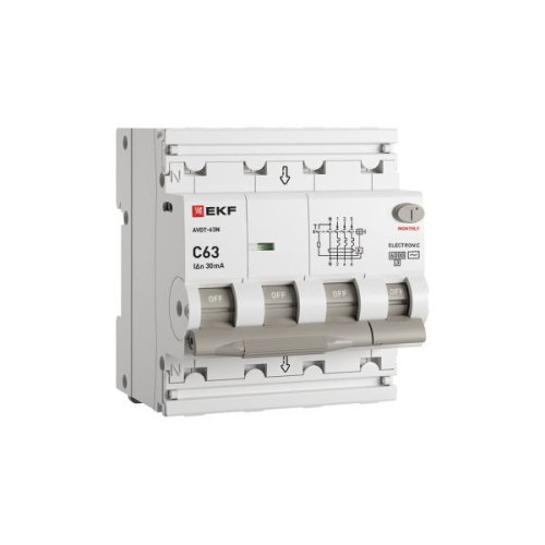 Выключатель автоматический дифференциального тока 4п (3P+N) C 63А 30мА тип AC 6кА АВДТ-63N электронный PROxima EKF D63N46E63C30