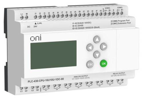 Модуль ЦПУ ПЛК 430 4 DI 12 UI (0-10В/DI) 8 RO 2 AO (1шт 0-10В и 1шт 0-20мА) 24В DC с Ethernet портом с экраном ONI PLC-430-CPU-16U10U-1DC-00 фото 7