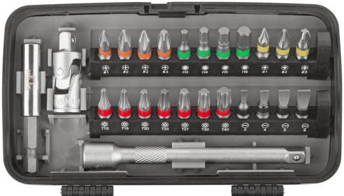Мини-набор инструмента (биты; головки; вороток; удлинитель) 38шт пластиковый кейс MOS 65000М фото 9