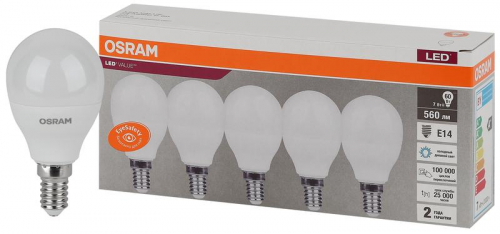 Лампа светодиодная LED Value LVCLP60 7SW/865 шар матовая E14 230В 2х5 RU (уп.5шт) OSRAM 4058075578166 Лампа светодиодная LED Value LVCLP60 7SW/865 шар матовая E14 230В 2х5 RU (уп.5шт) OSRAM 4058075578166