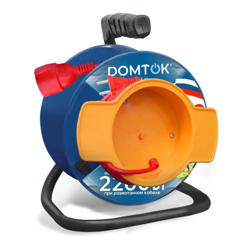 Удлинитель на катушке 1х30м без заземл. 10А IP20 2.2кВт с выносн. розеткой ПВС 2х1 DOMTOK 2428 Удлинитель на катушке 1х30м без заземл. 10А IP20 2.2кВт с выносн. розеткой ПВС 2х1 DOMTOK 2428