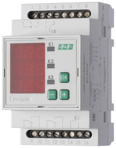 Реле времени RV-03/24 3х8А 24В AC/DC 3NO/NC IP20 многофункц. 3-х канал. 9 режимов работы с входами START диапазон выдержки времени 0с-99ч 59мин; 3мод. монтаж на DIN-рейке F&F EA02.001.028 Реле времени RV-03/24 3х8А 24В AC/DC 3NO/NC IP20 многофункц. 3-х канал. 9 режимов работы с входами START диапазон выдержки времени 0с-99ч 59мин; 3мод. монтаж на DIN-рейке F&F EA02.001.028