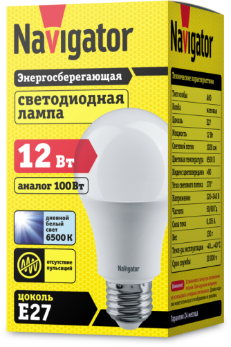 Лампа светодиодная 61 238 NLL-A60-12-230-6.5K-E27 12Вт грушевидная матовая 6500К холод. бел. E27 1020лм 176-264В Navigator 61238 фото 2