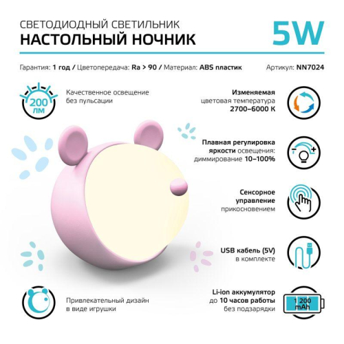 Светильник настольный Qplus 5Вт 2700-6000К 200лм 5В аккум. Li-ion 1200мА.ч диммир. ночник роз. GAUSS NN7024 фото 7