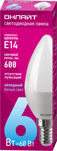 Лампа светодиодная 61 127 OLL-C37-6-230-6.5K-E14-FR 6Вт свеча 6500К холод. бел. E14 600лм 176-264В ОНЛАЙТ 61127 фото 2