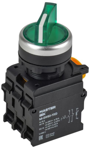 Переключатель 2 полож. 1НО+1НЗ с подсветкой зел. MASTER IEK MI-SW60-11XD-3-14-2-K06 Переключатель 2 полож. 1НО+1НЗ с подсветкой зел. MASTER IEK MI-SW60-11XD-3-14-2-K06