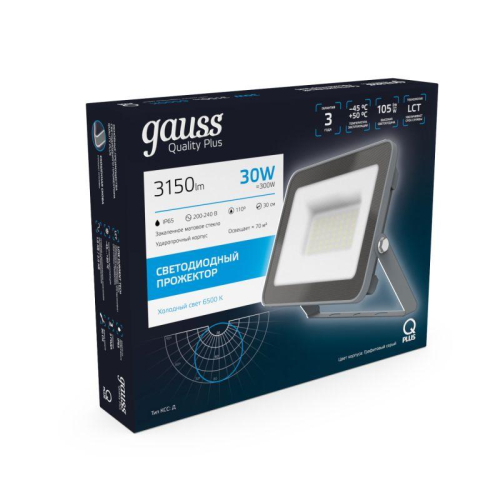 Прожектор светодиодный Qplus 30Вт 6500К IP65 3150лм 200-240В ДО графит. GAUSS 690511330 фото 3