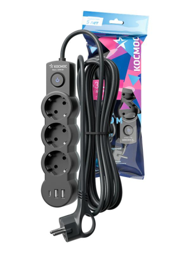 Удлинитель 3х1.5м с заземл. 10А IP20 USB 2800Вт 220В ПВС 3х1 с выкл. черн. КОСМОС YKsm1.5m3g-Z-VU10А-B Удлинитель 3х1.5м с заземл. 10А IP20 USB 2800Вт 220В ПВС 3х1 с выкл. черн. КОСМОС YKsm1.5m3g-Z-VU10А-B