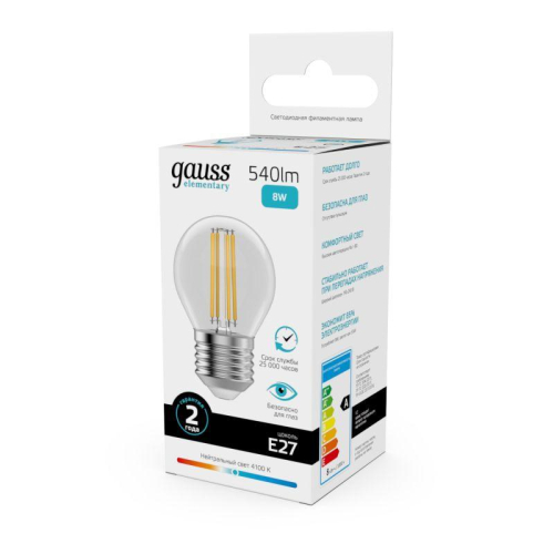 Лампа светодиодная филаментная Filament Elementary 8Вт шар 4100К Е27 540лм GAUSS 52228 фото 7
