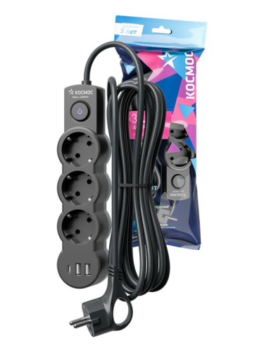 Удлинитель 3х5м с заземл. 10А IP20 USB 2800Вт 220В ПВС 3х1 с выкл. черн. КОСМОС YKsm5m3g-Z-VU10А-B Удлинитель 3х5м с заземл. 10А IP20 USB 2800Вт 220В ПВС 3х1 с выкл. черн. КОСМОС YKsm5m3g-Z-VU10А-B