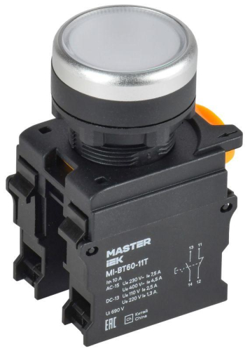 Кнопка d22мм 1НО+1НЗ MASTER с фиксацией бел. IEK MI-BT60-11T-3-21-K01 Кнопка d22мм 1НО+1НЗ MASTER с фиксацией бел. IEK MI-BT60-11T-3-21-K01