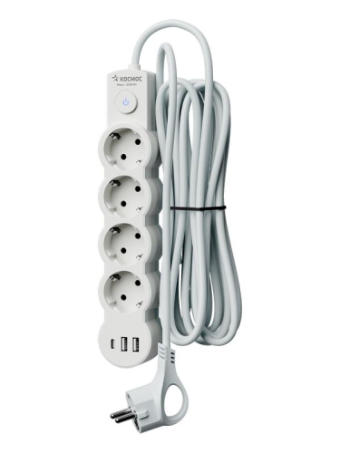 Удлинитель 4х5м с заземл. 10А IP20 USB type-Aх2 + type-C 2500Вт 220В ПВС 3х1 с выкл. бел. КОСМОС YKsm5m4g-Z-VU10А-W фото 3 Удлинитель 4х5м с заземл. 10А IP20 USB type-Aх2 + type-C 2500Вт 220В ПВС 3х1 с выкл. бел. КОСМОС YKsm5m4g-Z-VU10А-W фото 3