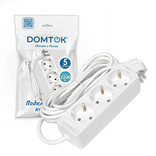 Удлинитель 3х5м с заземл. 10А IP20 2.2кВт ПВС 3х0.75 бел. DOMTOK 2376 фото 2 Удлинитель 3х5м с заземл. 10А IP20 2.2кВт ПВС 3х0.75 бел. DOMTOK 2376 фото 2