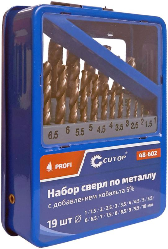 Набор сверл по металлу с кобальтом 5ти-проц. в метал. коробке; 1-10мм (через 05мм) 19шт Profi Cutop 48-602 фото 2