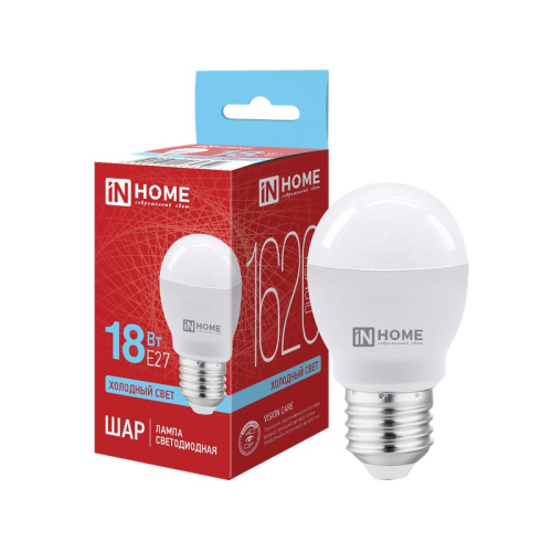Лампа светодиодная LED-ШАР-VC 18Вт шар 6500К E27 1620лм 230В IN HOME 4690612065359 Лампа светодиодная LED-ШАР-VC 18Вт шар 6500К E27 1620лм 230В IN HOME 4690612065359