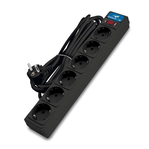 Удлинитель с сетевым фильтром 6х5м с заземл 10А IP20 2.2кВт ПВС 3х1 с выкл. черн. DOMTOK 2523 Удлинитель с сетевым фильтром 6х5м с заземл 10А IP20 2.2кВт ПВС 3х1 с выкл. черн. DOMTOK 2523