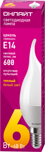 Лампа светодиодная 71 620 OLL-FC37-6-230-2.7K-E14-FR 6Вт свеча на ветру 2700К тепл. бел. E14 600лм 176-264В ОНЛАЙТ 71620 фото 2