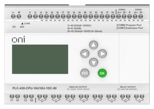 Модуль ЦПУ ПЛК 430 4 DI 12 UI (0-10В/DI) 8 RO 2 AO (1шт 0-10В и 1шт 0-20мА) 24В DC с Ethernet портом с экраном ONI PLC-430-CPU-16U10U-1DC-00 фото 6