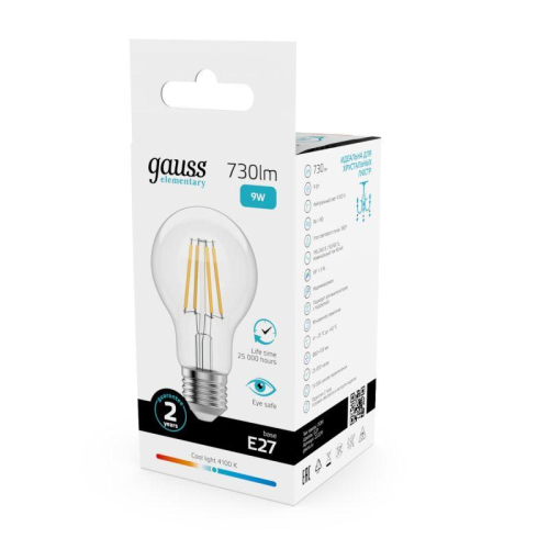 Лампа светодиодная филаментная Filament Elementary А60 9Вт 4100К Е27 730лм GAUSS 22229 фото 3