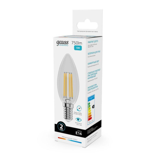 Лампа светодиодная филаментная Filament Elementary 12Вт свеча 4100К Е14 750лм GAUSS 32122 фото 7