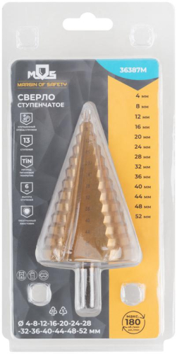 Сверло ступенчатое HSS по металлу 13 ступеней 4-8-12-16-20-24-28-32-36-40-44-48-52мм MOS 36387М фото 3