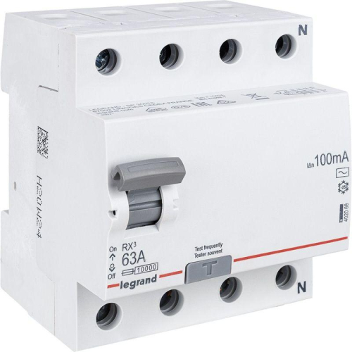 Выключатель дифференциального тока (УЗО) 4п 63А 100мА тип AC RX3 ИЭК Leg 402068 Выключатель дифференциального тока (УЗО) 4п 63А 100мА тип AC RX3 ИЭК Leg 402068
