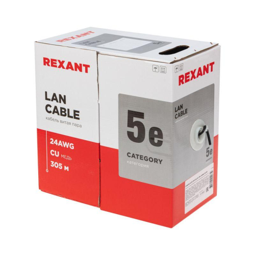 Кабель витая пара U/UTP кат.5E 4х2х24AWG CU LSZH нг(А)-HF OUTDOOR SOLID черн. (305м) Rexant 01-0065 фото 2 Кабель витая пара U/UTP кат.5E 4х2х24AWG CU LSZH нг(А)-HF OUTDOOR SOLID черн. (305м) Rexant 01-0065 фото 2