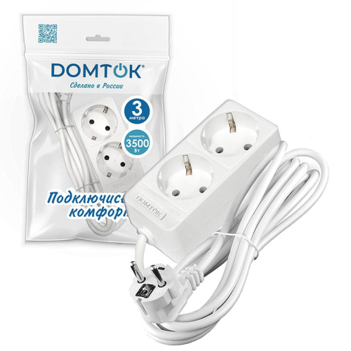 Удлинитель 2х3м с заземл. 16А IP20 3.5кВт ПВС 3х1 бел. DOMTOK 2386 фото 2