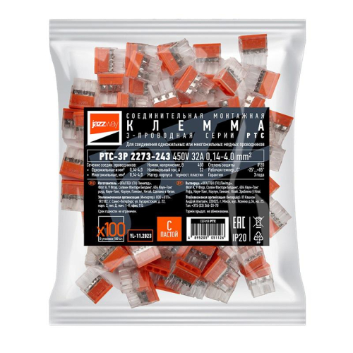 Клемма монтажная нажимного соединения PTC-3P 2273-243 450В 32А 0.14-4.0кв.мм JazzWay 5051126 фото 3 Клемма монтажная нажимного соединения PTC-3P 2273-243 450В 32А 0.14-4.0кв.мм JazzWay 5051126 фото 3