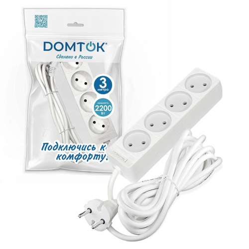 Удлинитель 4х3м без заземл. 10А IP20 2.2кВт ПВС 2х1 бел. DOMTOK 2356 фото 2