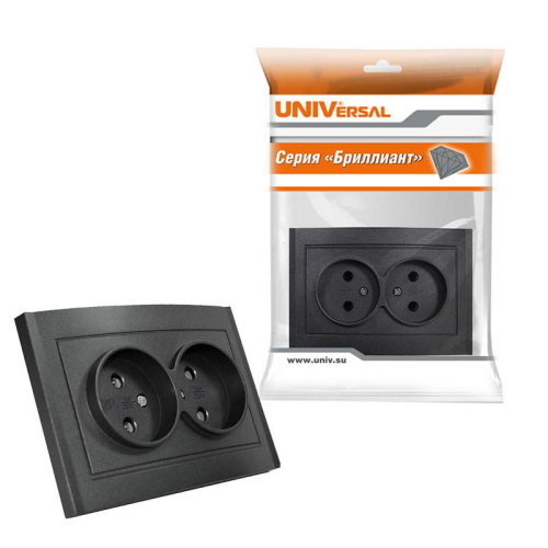 Розетка 2-м СП Бриллиант 16А IP20 без заземл. в сборе графит Universal 7947519-Gr фото 4