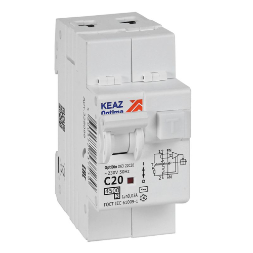 Выключатель автоматический дифференциального тока 2п OptiDin D63-22C20-AC-У3 C20 30мА 4.5кА с защитой от сверхтоков КЭАЗ 328099 Выключатель автоматический дифференциального тока 2п OptiDin D63-22C20-AC-У3 C20 30мА 4.5кА с защитой от сверхтоков КЭАЗ 328099
