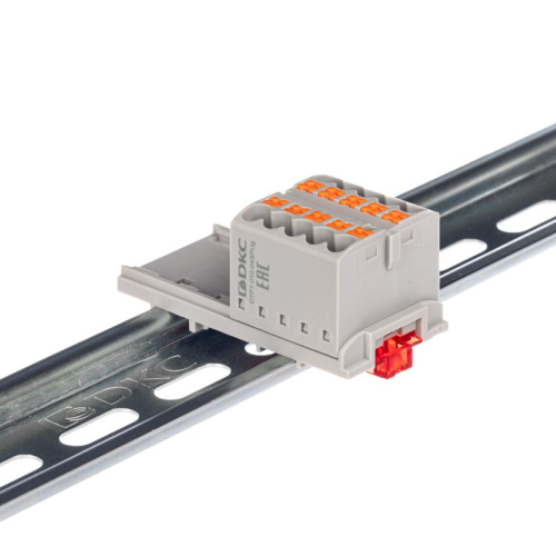 Блок распределительный с вертикал. адаптером на рейки шир. 15/35мм зажим push-in 10 точек подключения 2.5кв.мм сер. DKC DTP1-010-04SPUG-V