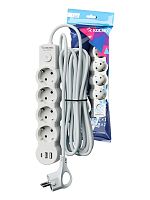 Удлинитель 4х5м с заземл. 10А IP20 USB type-Aх2 + type-C 2500Вт 220В ПВС 3х1 с выкл. бел. КОСМОС YKsm5m4g-Z-VU10А-W