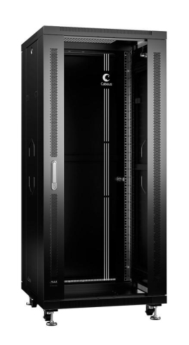 Шкаф монтажный телекоммуникационный напольный SH-05C-27U60/60-BK 19дюйм для распред. и серверн. оборудования 27U 600х600х1388мм передн. стеклян. и задн. сплошн. метал. двери ручка с замком черн. (RAL 9004) Cabeus 8557c
