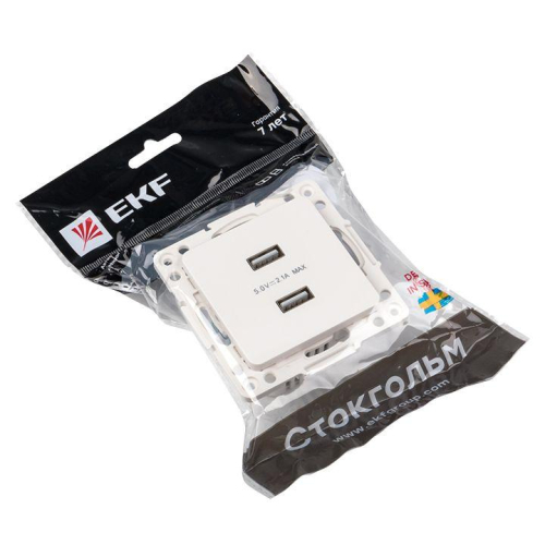 Розетка USB 2-м Стокгольм 2.1А механизм бел. PROxima EKF EYR16-028-10-2USB фото 5