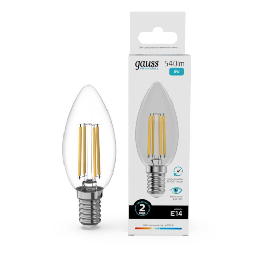 Лампа светодиодная филаментная Filament Elementary 8Вт свеча 4100К Е14 540лм GAUSS 32128